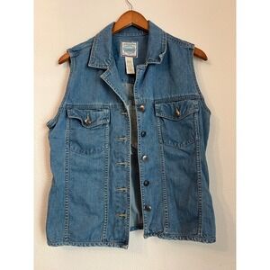 St Johns Bay Denim Vest Women's Medium Sleeveless‎ Embroidered Pirate Ship